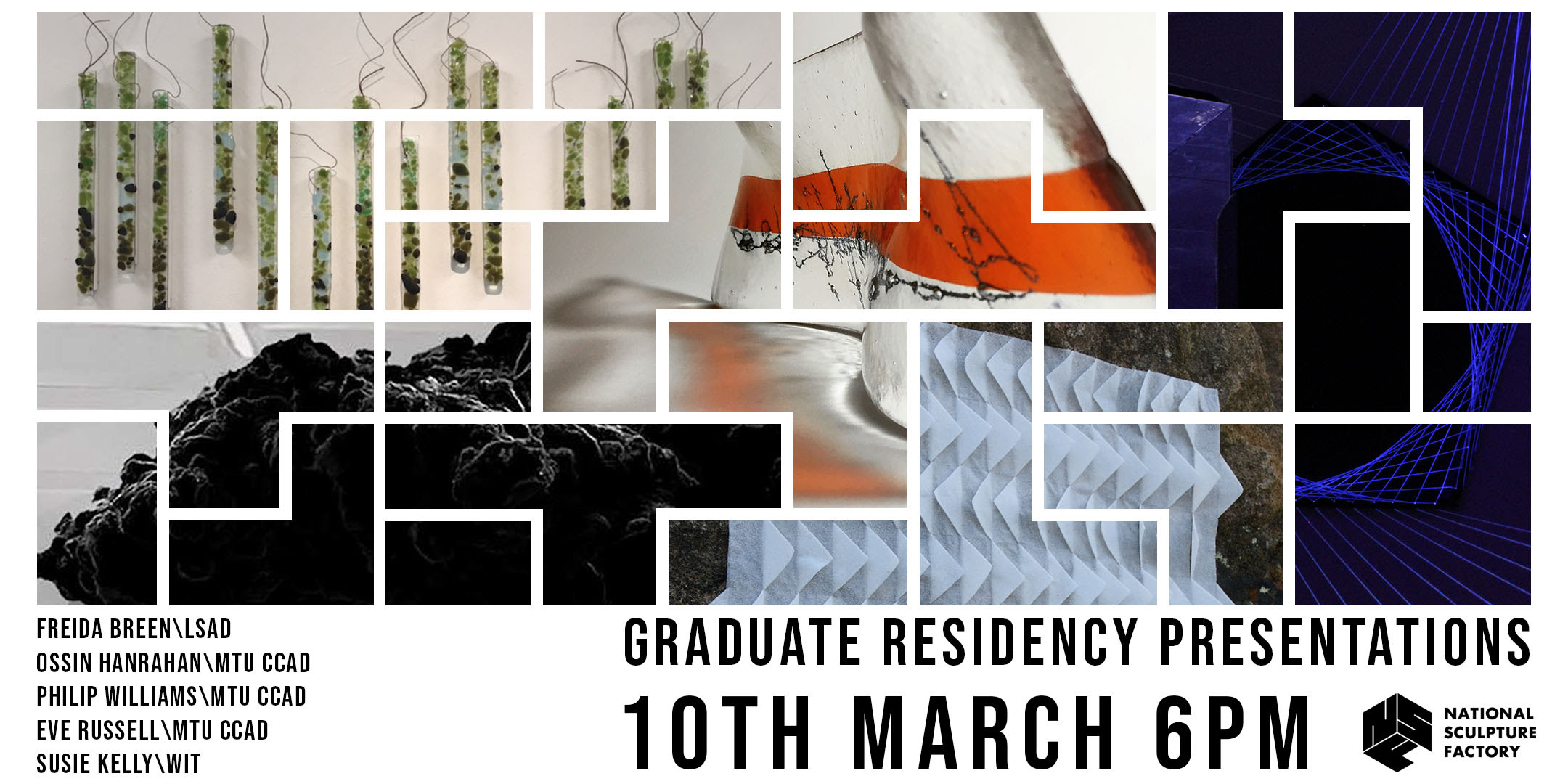 Graduate Residency Presentations 2021 - A collage of multiple artworks including colourful abstract glass objects, triangular white folded paper pattern, a dark storm cloud and dark blue geometric laser pattern National Sculpture Factory Graduate Residency Presentations 10th March 6PM